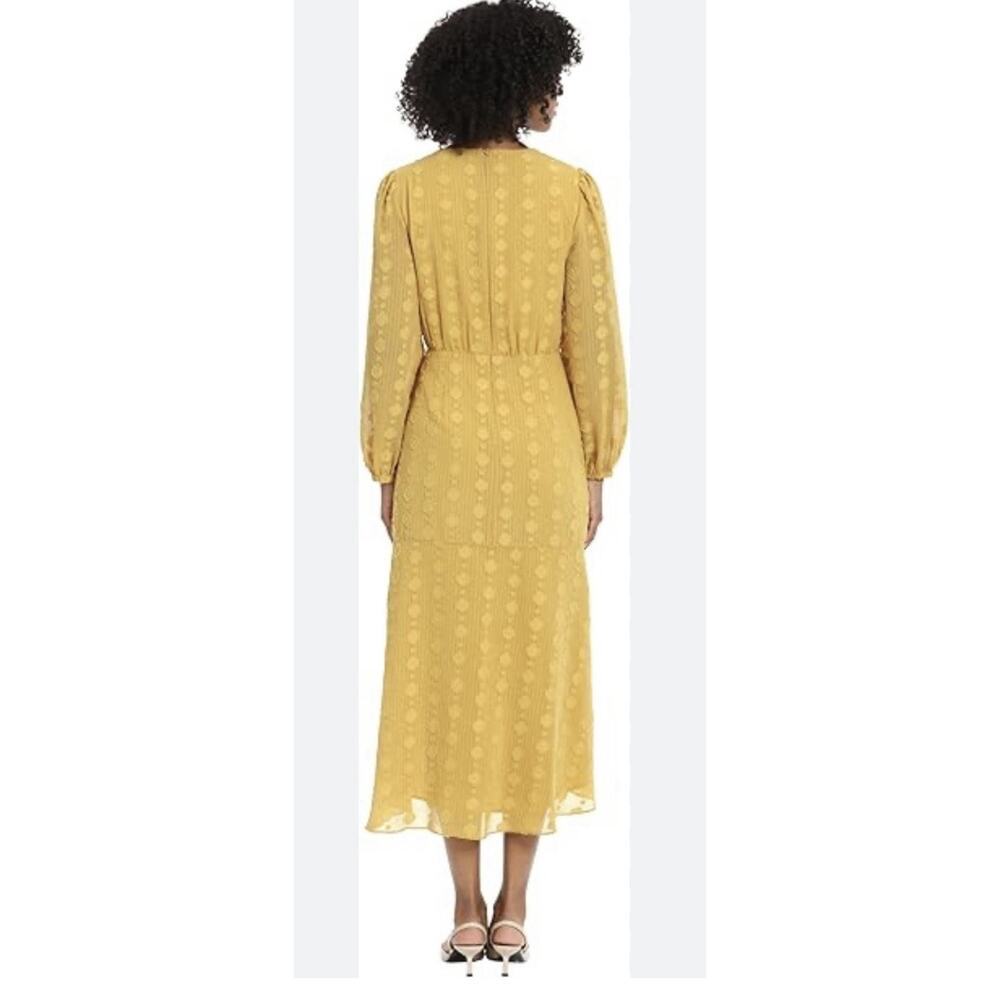 Maggy London Mustard Yellow Midi Dress Long Sleeve V-Neck Textured Sz 8 - Picture 4 of 11